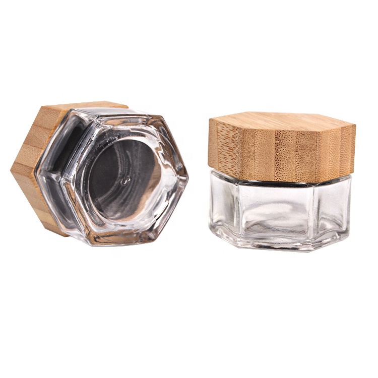 Custom hexagonal 25ml luxury cosmetic jar with bamboo wooden lid