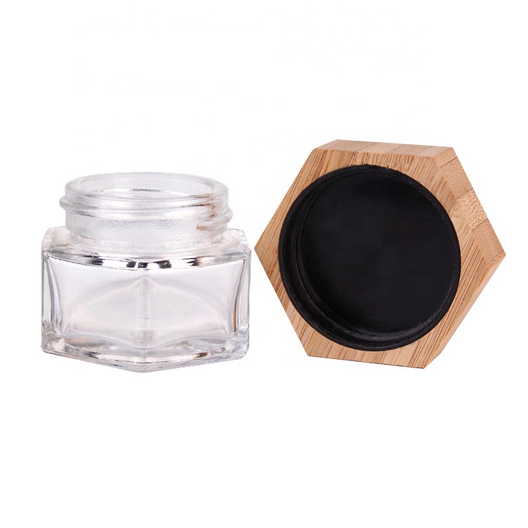 Custom hexagonal 25ml luxury cosmetic jar with bamboo wooden lid