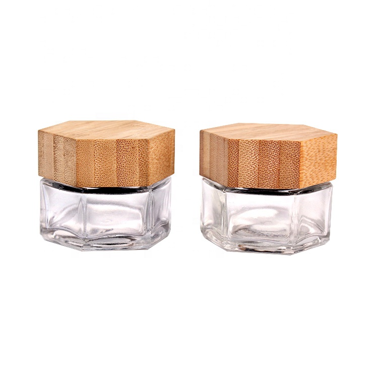 Custom hexagonal 25ml luxury cream jar with bamboo wooden lid