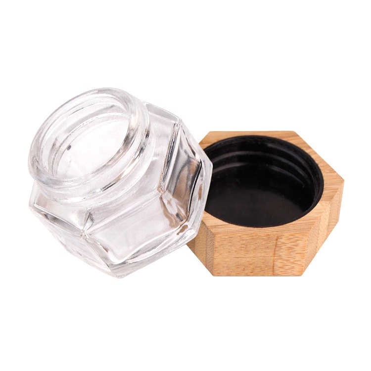 Custom hexagonal 25ml luxury cream jar with bamboo wooden lid