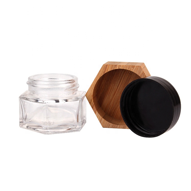 Custom hexagonal 25ml luxury cream jar with bamboo wooden lid