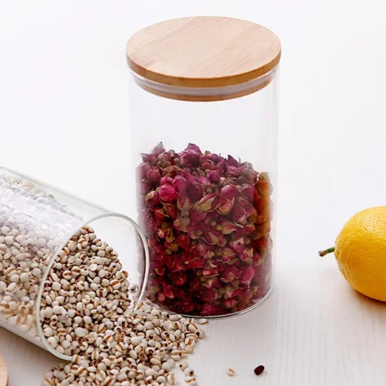 Custom hot sale reusable Heat Resistant Borosilicate Glass Storage Jar with Wooden Lid