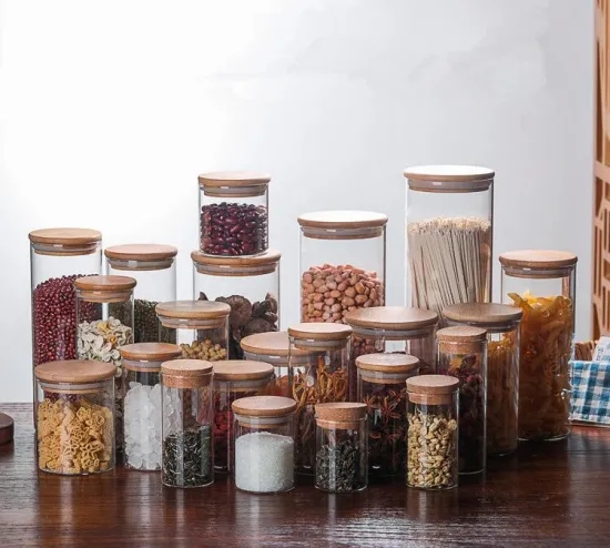 Custom hot sale reusable Heat Resistant Borosilicate Glass Storage Jar with Wooden Lid