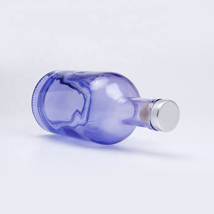 Custom jewelry blue empty round vodka liquor spirits glass bottle with wood bar T-top corks