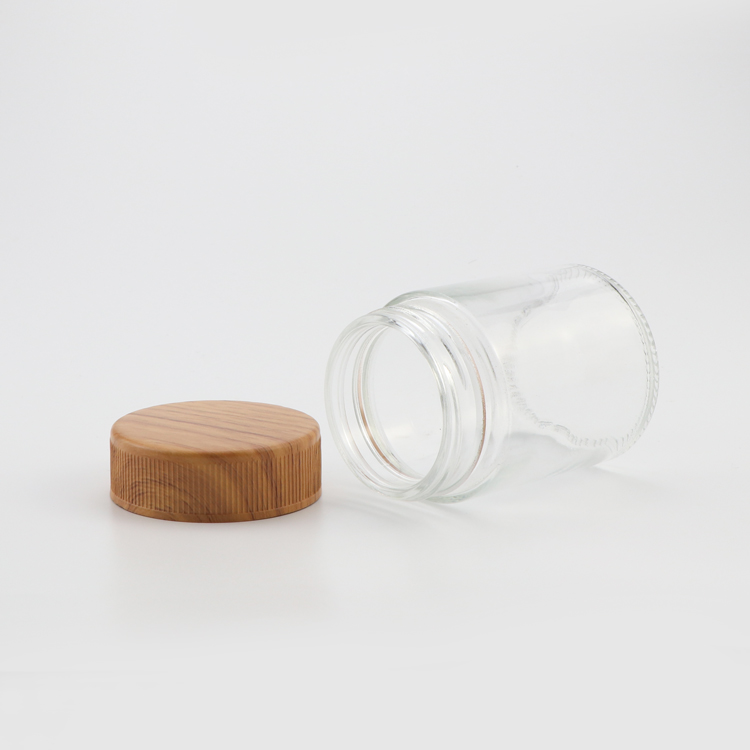 Custom logo 1 2 3 4 OZ flower child resistant screw top wooden cap smell proof glass jars and containers