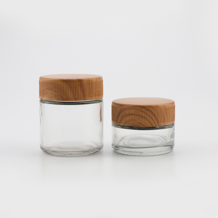 Custom logo 1 2 3 4 ounce hemp childproof smell proof container clear thick wall stash glass jar with wooden lid