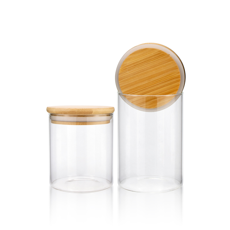 Custom logo 1 2 3 4 ounce salt round clear container empty storage sugar borosilicate glass jar for food with bamboo lid