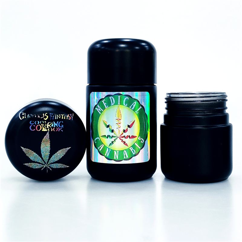 Custom logo 1.7oz 2oz 4oz 8oz cbd flower stash airtight container thick wall childproof hemp black glass jar for weed