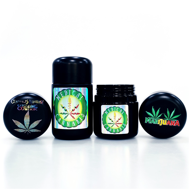 Custom logo 1.7oz 2oz 4oz 8oz cbd flower stash airtight container thick wall childproof hemp black glass jar for weed