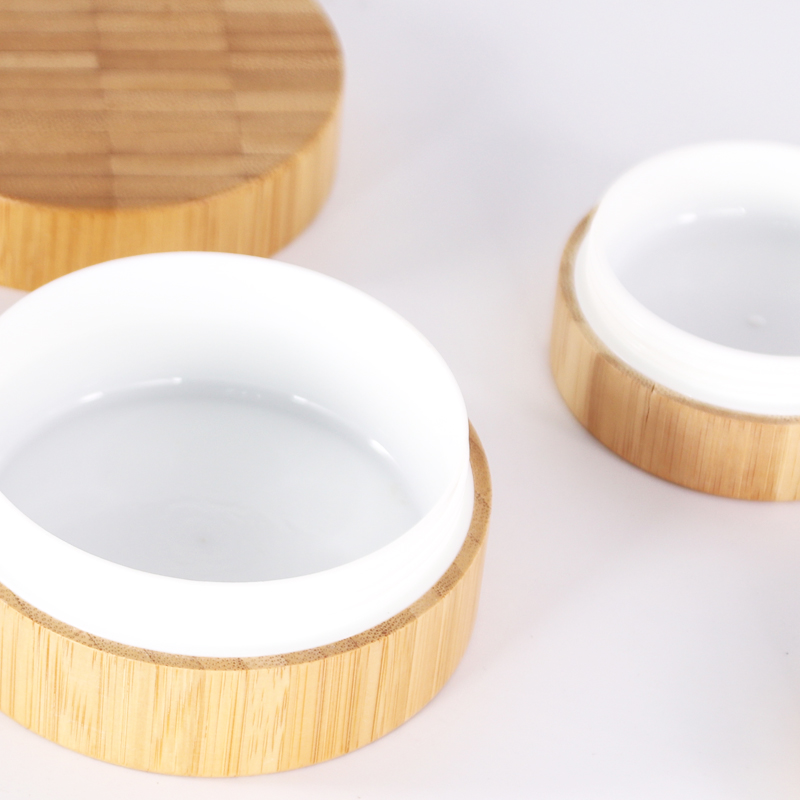 Custom logo 100g 50g 30g Environmental empty full cover bamboo cream jars with plastic inner and PP hand pads in good price