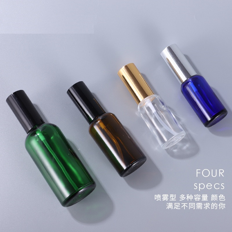 Custom logo 10ml-100ml amber green blue clear round shoulder glass bottle personal care production cosmetic package container