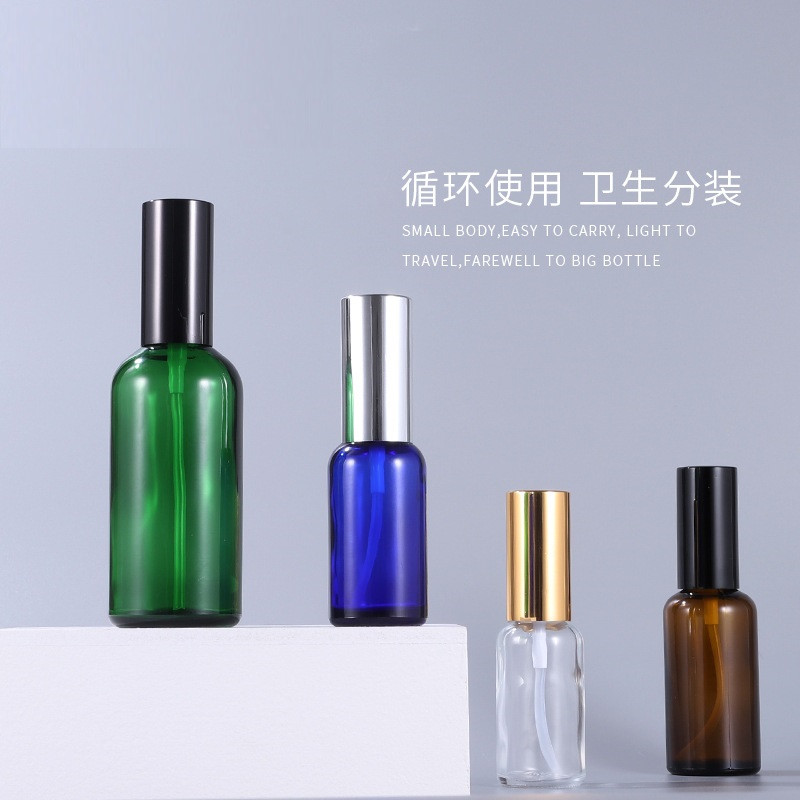 Custom logo 10ml-100ml amber green blue clear round shoulder glass bottle personal care production cosmetic package container