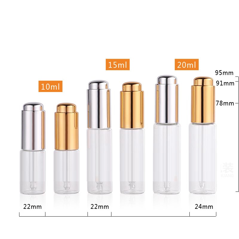 Custom logo 10ml 15ml 20ml glass dropper bottle with gold and silver press dropper cosmetic package container in good price