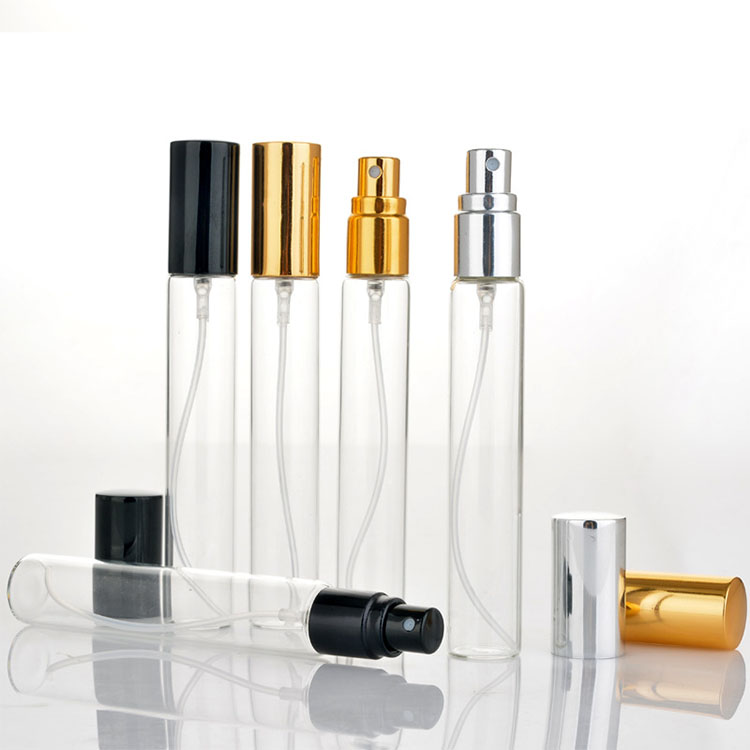 Custom logo 10ml mist spray perfume sample test tube vials clear empty mini glass cosmetic bottle packaging with pump