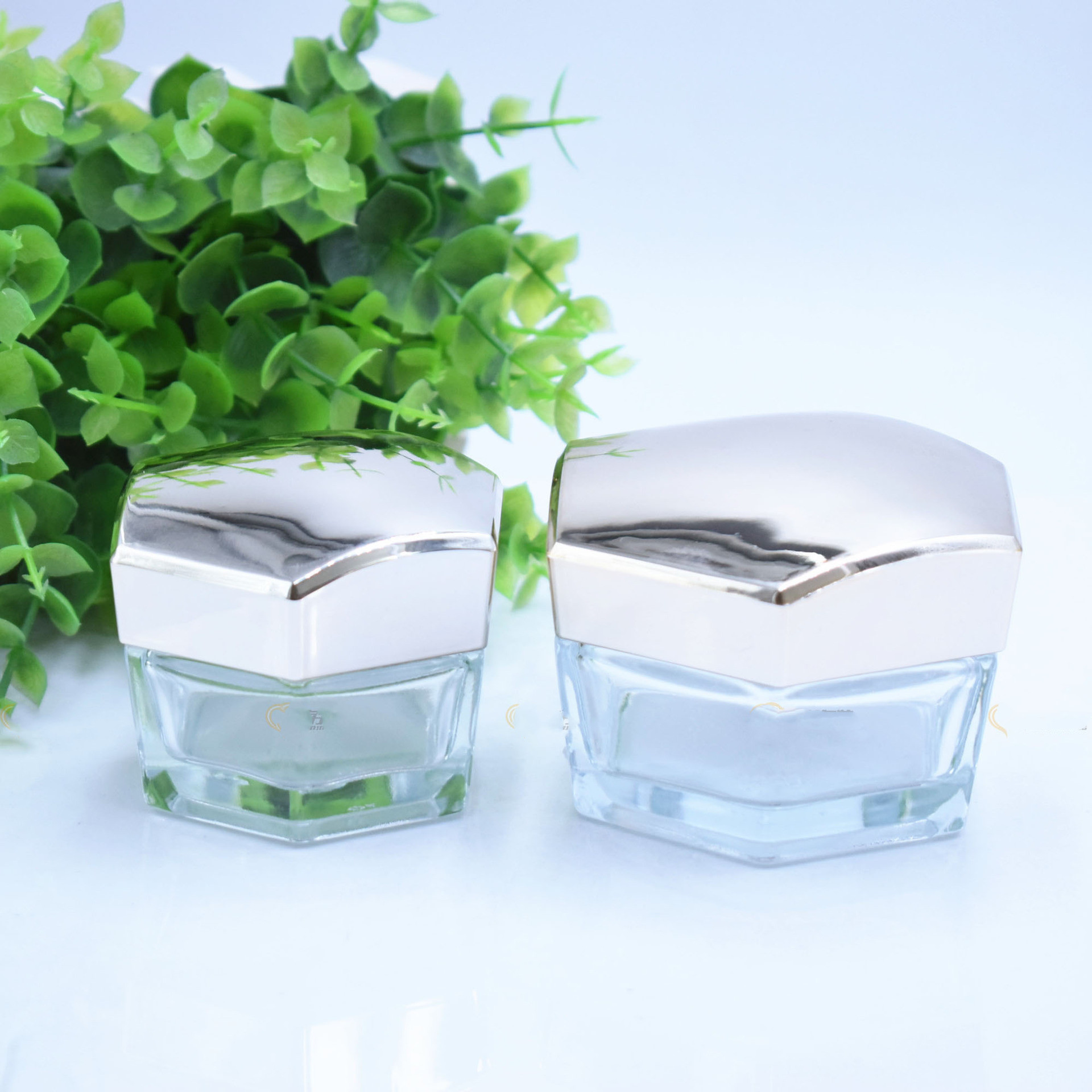 Custom logo 120ml 100ml 40ml 50g 30g transparent clear glass hexagon bottle and jar cosmetic package in good price