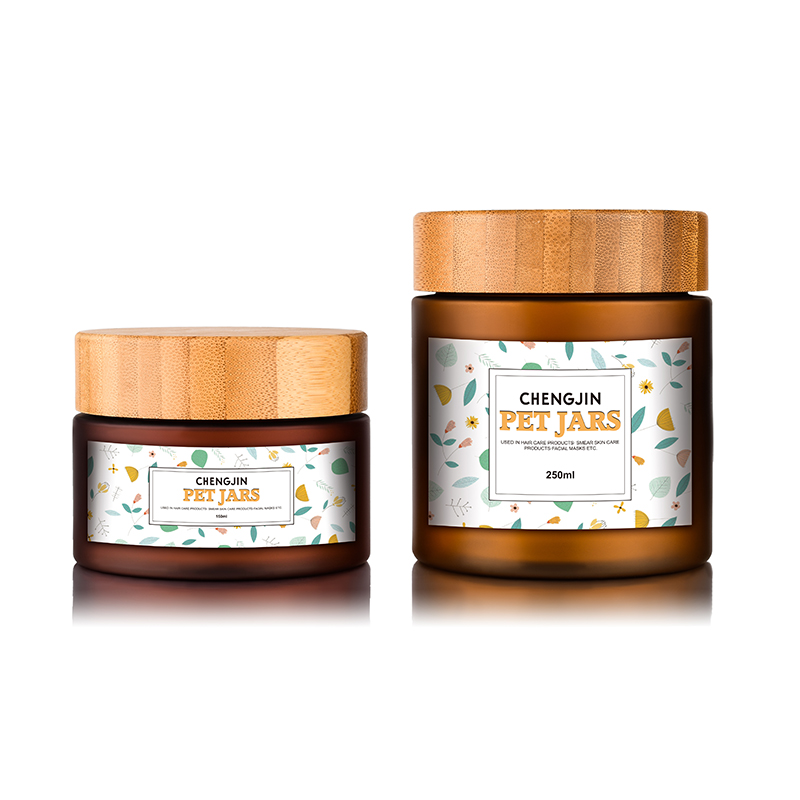 Custom logo 150g 250g 500g amber frosted plastic cosmetic cream jar with Bamboo wooden lid