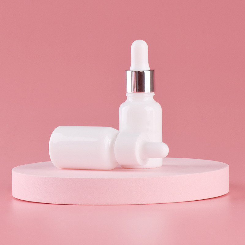 Custom logo 15ml pure white glass dropper bottle with silver and white dropper cosmetic package container in good price