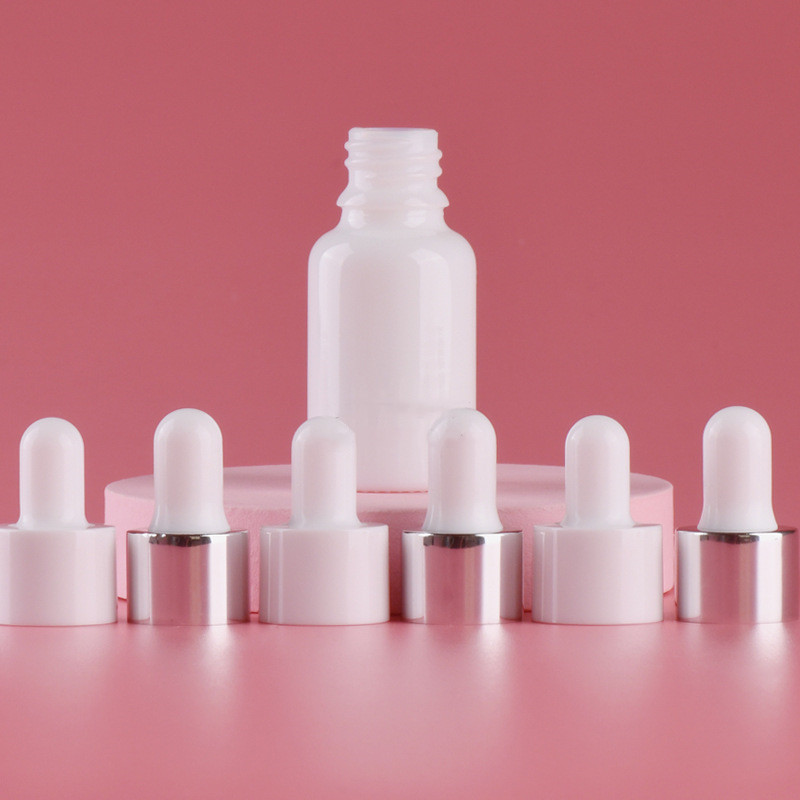 Custom logo 15ml pure white glass dropper bottle with silver and white dropper cosmetic package container in good price