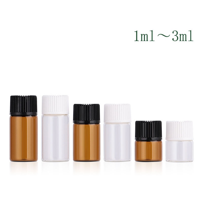 Custom logo 1ml 2ml 3ml amber and clear vial bottle with black and white screw cap for essence oil cosmetic package container