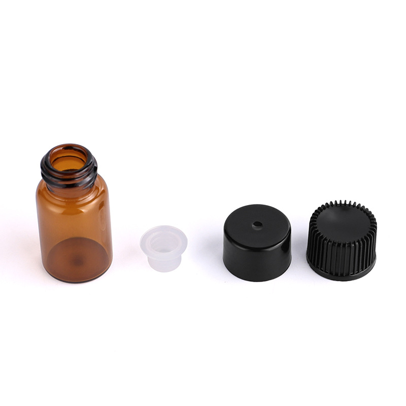Custom logo 1ml 2ml 3ml amber and clear vial bottle with black and white screw cap for essence oil cosmetic package container