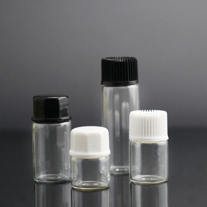 Custom logo 1ml 2ml 3ml amber and clear vial bottle with black and white screw cap for essence oil cosmetic package container