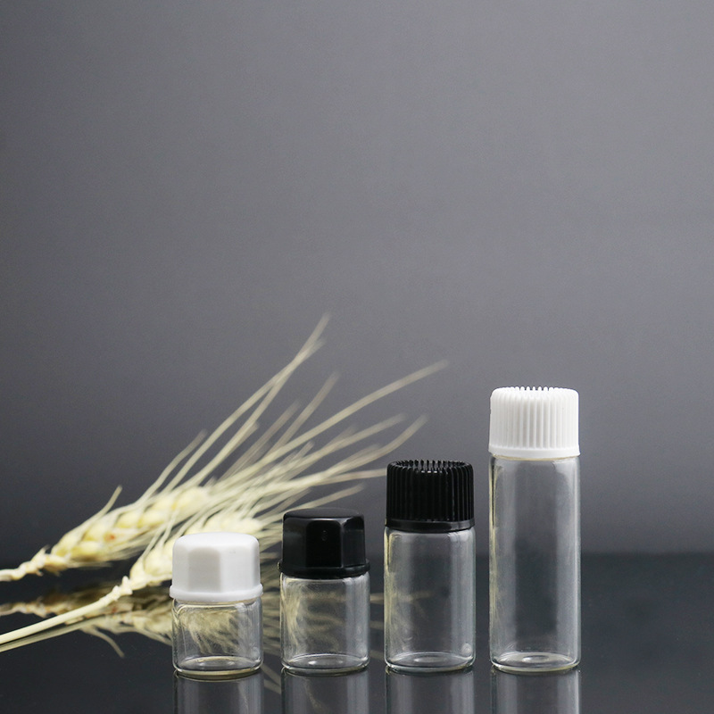 Custom logo 1ml 2ml 3ml amber and clear vial bottle with black and white screw cap for essence oil cosmetic package container