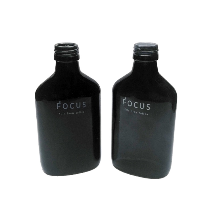 Custom logo 200ml flat black glass wine bottle with screw cap for whisky or cold coffee