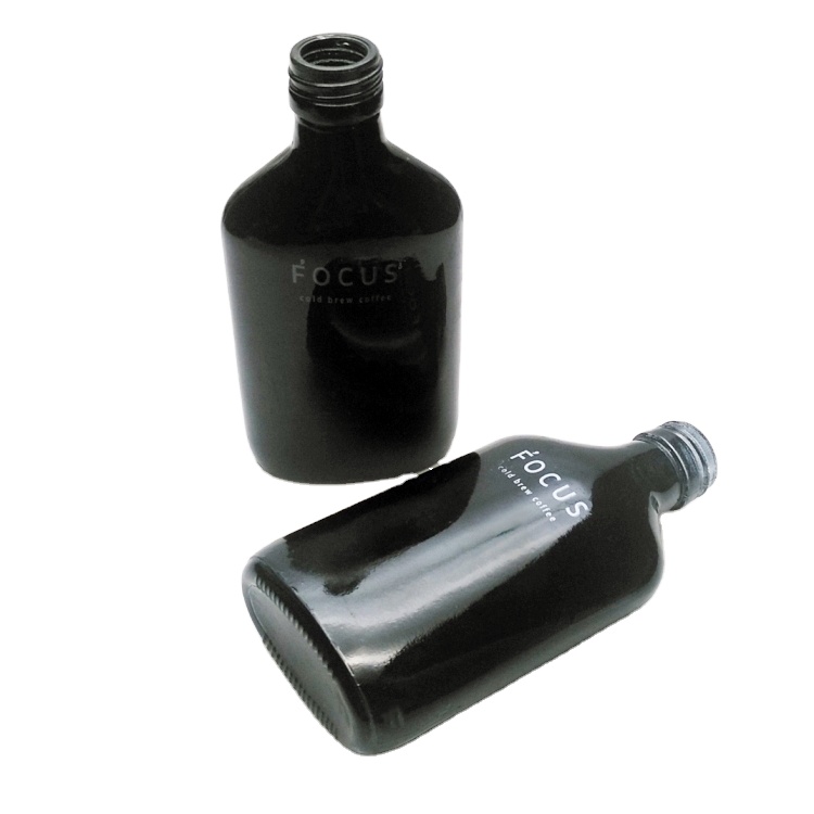 Custom logo 200ml flat black glass wine bottle with screw cap for whisky or cold coffee