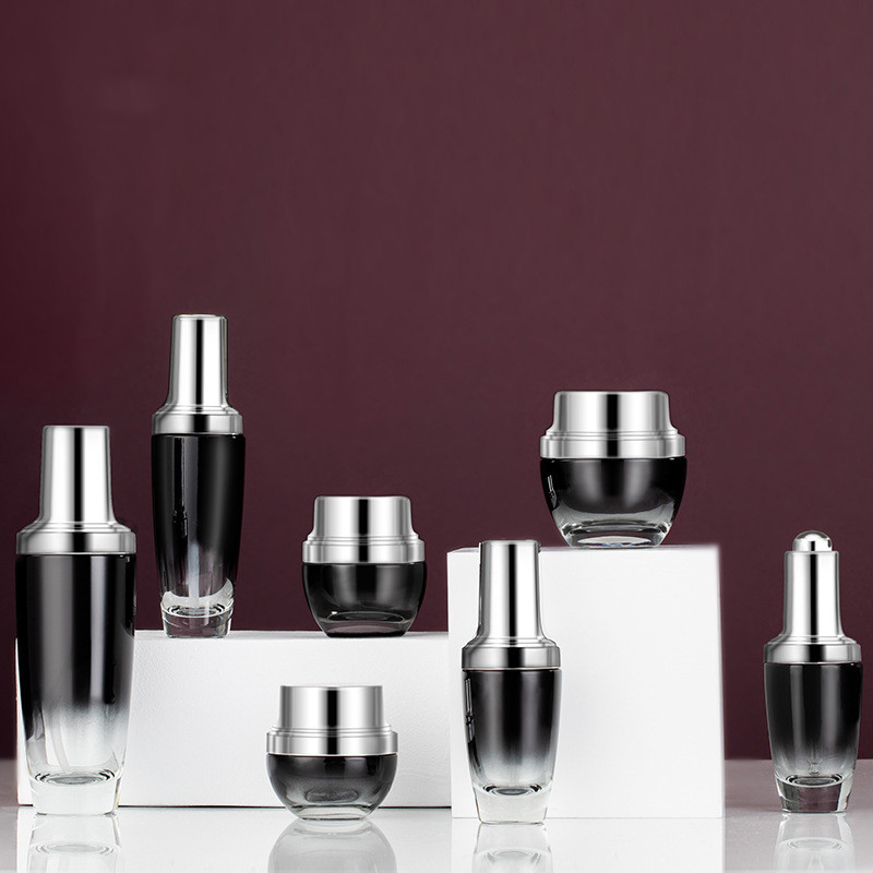 Custom logo 30g 50g 30ml 50ml 100ml gradual black glass glass bottle and jar with silver cap cosmetic package container