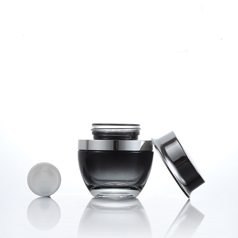 Custom logo 30g 50g 30ml 50ml 100ml gradual black glass glass bottle and jar with silver cap cosmetic package container