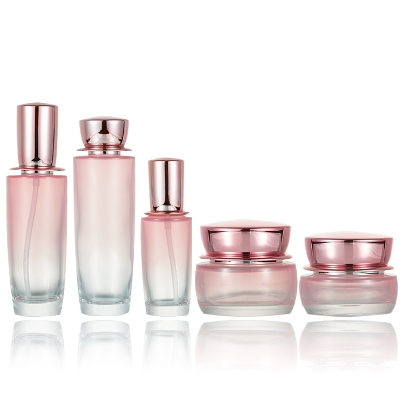 Custom logo 30g 50g 40ml 100ml 120ml gradual pink glass bottle with gold rose cap for personal care cosmetic package container