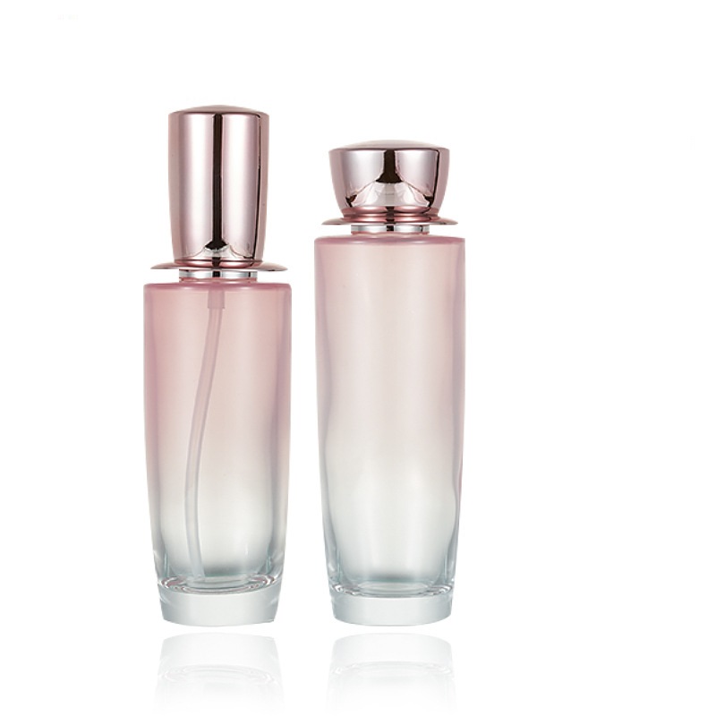 Custom logo 30g 50g 40ml 100ml 120ml gradual pink glass bottle with gold rose cap for personal care cosmetic package container