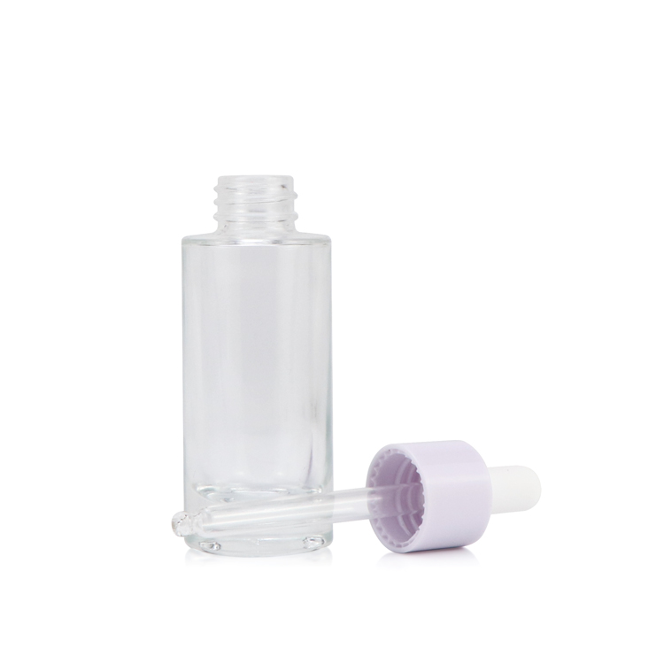 Custom logo 30ml 1 fl oz empty small cylinder clear packaging essential beard oil bottle dropper with cap