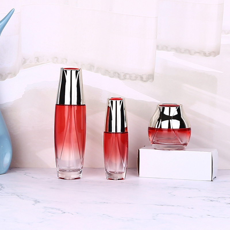 Custom logo 40ml 100ml 120ml 50g 30g red flower glass bottles with silver cap for personal care cosmetic package container