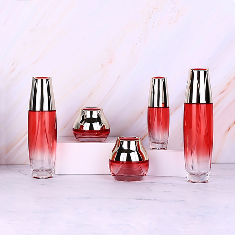 Custom logo 40ml 100ml 120ml 50g 30g red flower glass bottles with silver cap for personal care cosmetic package container