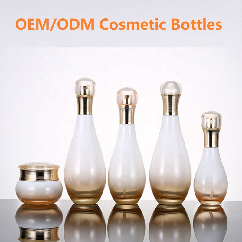 Custom logo Bowling shape Gradient golden electroplating glass bottle and jar 150ml 100ml 60ml 30g 50 cosmetic container package