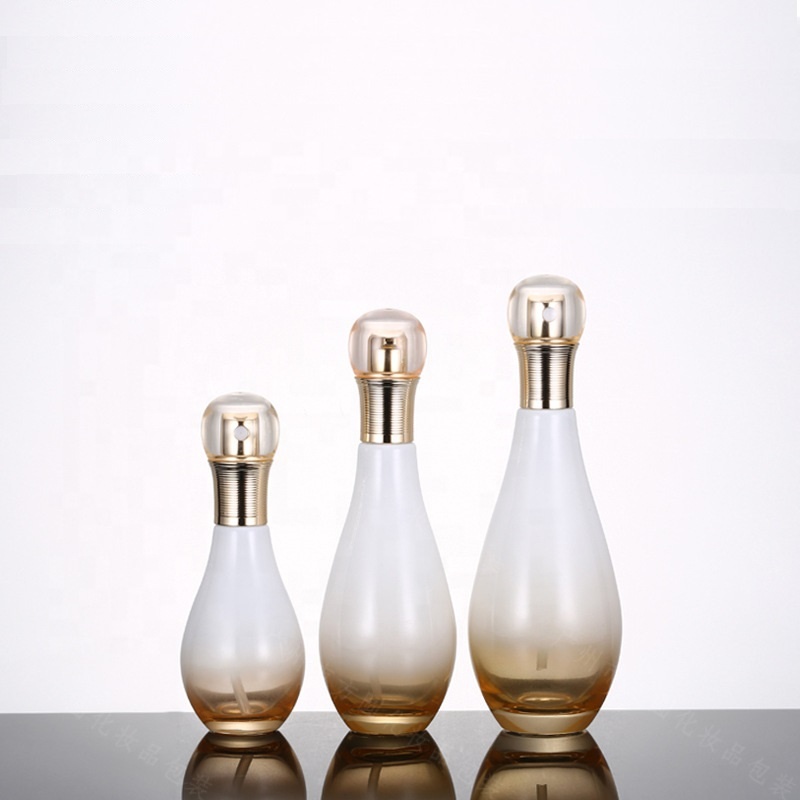 Custom logo Bowling shape Gradient golden electroplating glass bottle and jar 150ml 100ml 60ml 30g 50 cosmetic container package