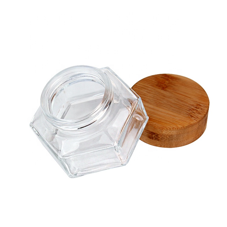 Custom logo Luxury 100ml hexagon glass cosmetic cream jar with bamboo lid