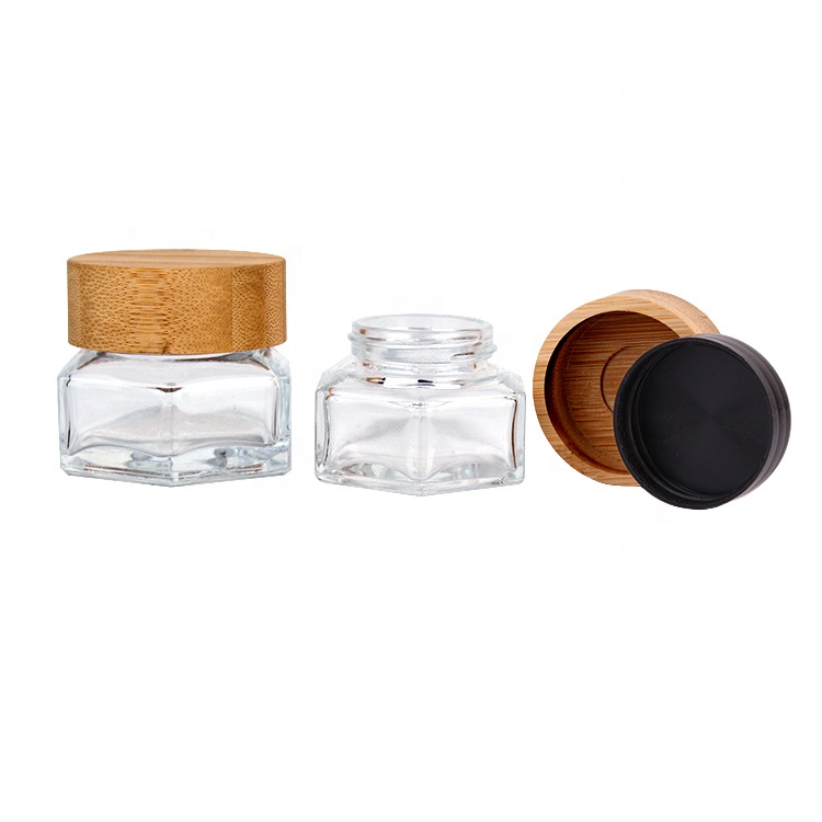 Custom logo Luxury 100ml hexagon glass cosmetic cream jar with bamboo lid
