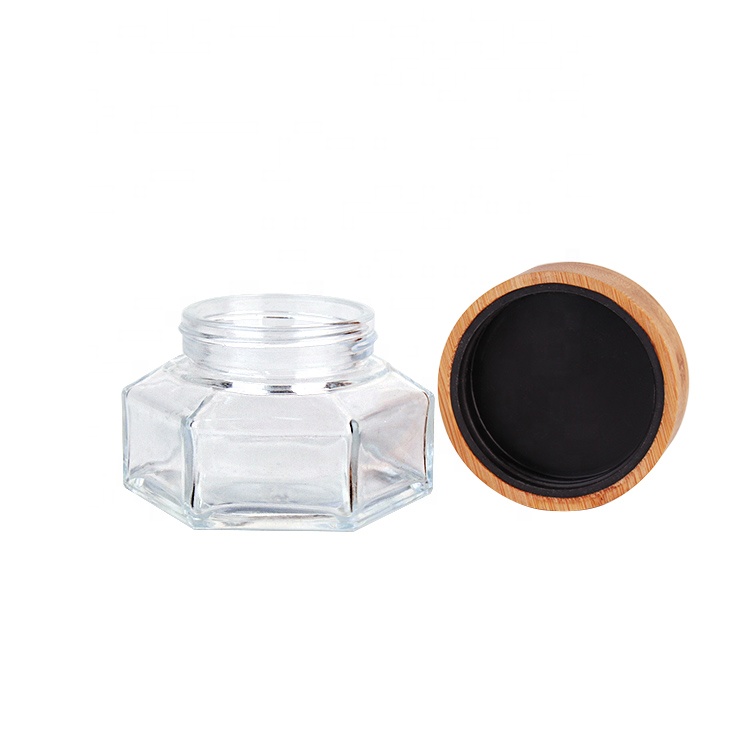 Custom logo Luxury 100ml hexagon glass cosmetic cream jar with bamboo lid