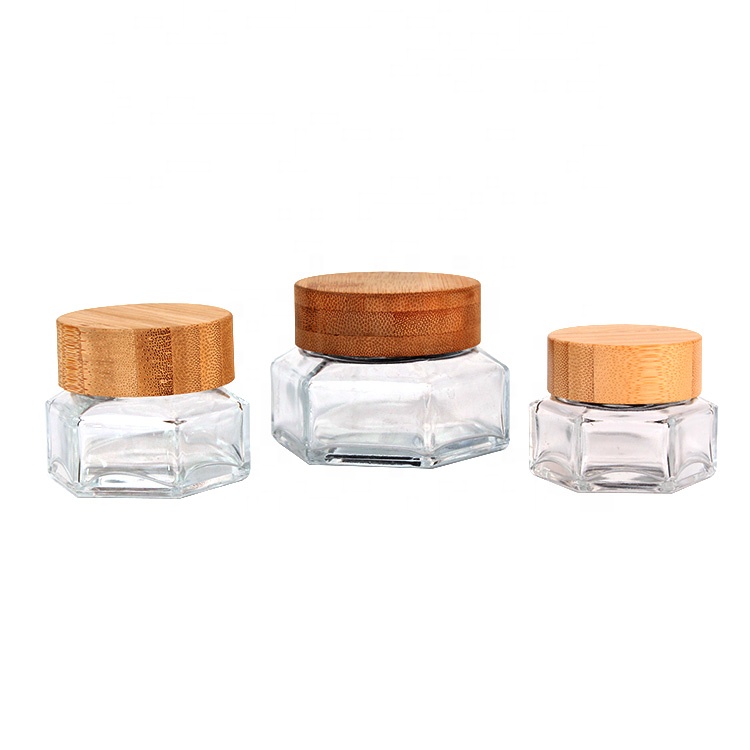 Custom logo Luxury 100ml hexagon glass cosmetic cream jar with bamboo lid