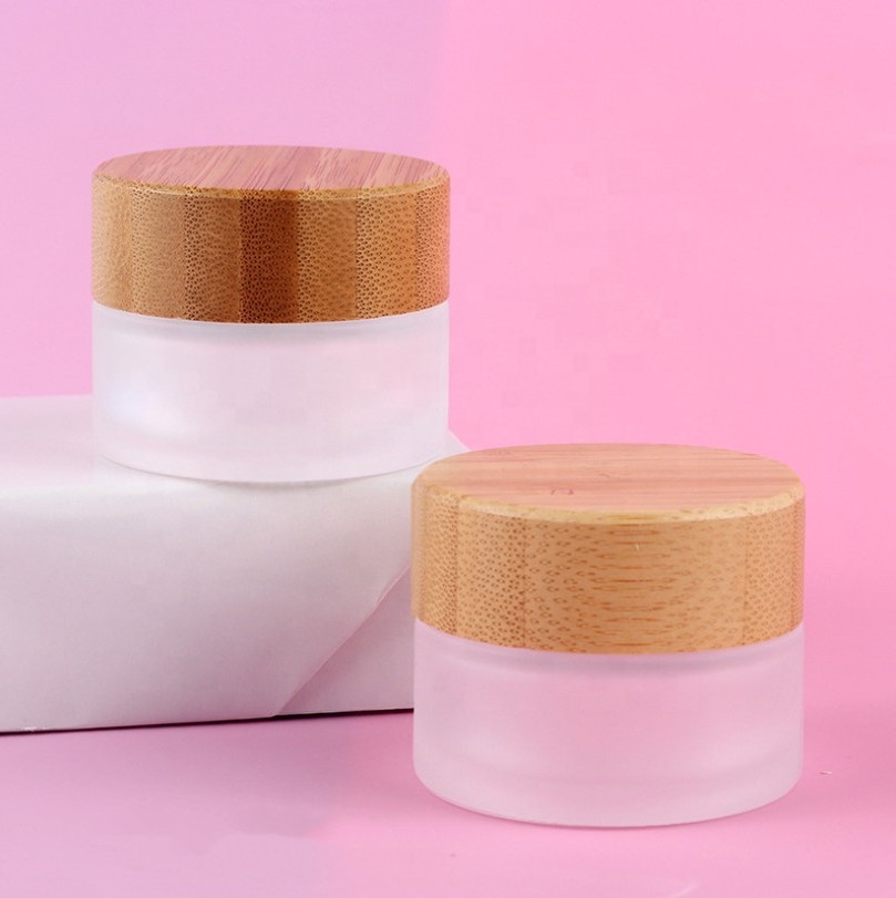 Custom logo and color 15g 30g 50g 100g bamboo topes frosted cosmetic glass jar
