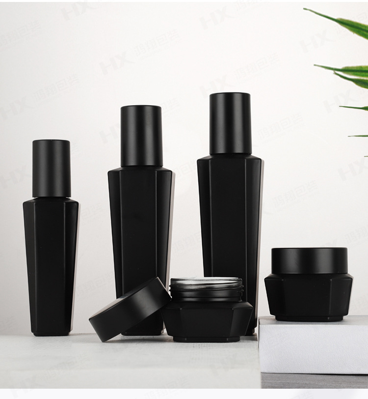 Custom logo black hexagon glass bottle and jar cosmetic package container with black cap for skin care package in good price