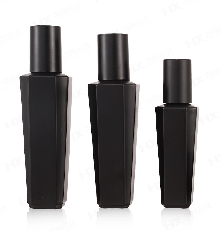 Custom logo black hexagon glass bottle and jar cosmetic package container with black cap for skin care package in good price