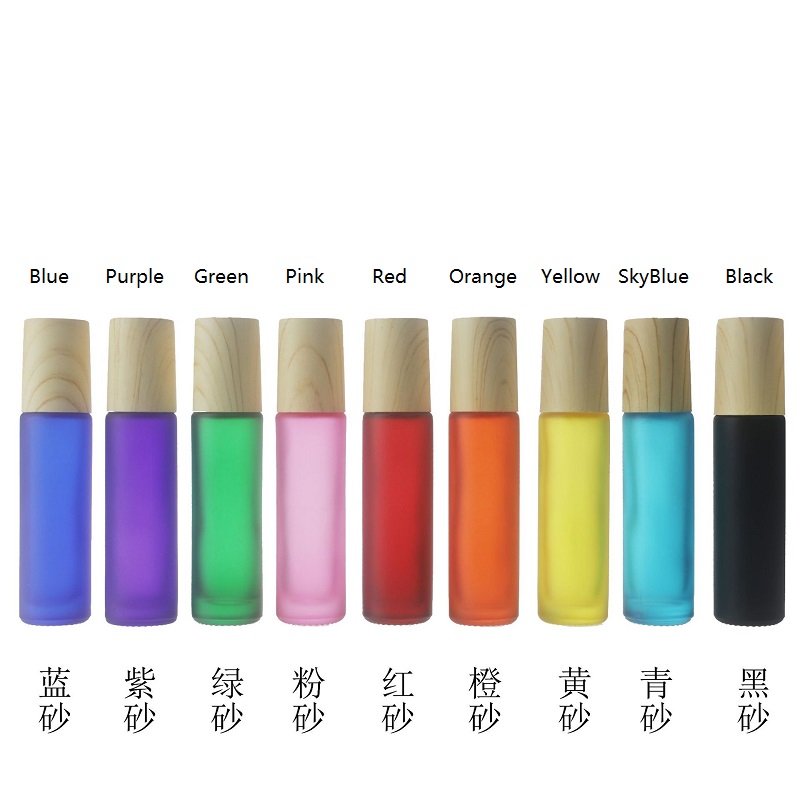 Custom logo colorful 10ml roll ball bottle with wood grain cap cosmetic package container for eye cream bottle in good price