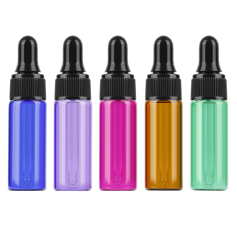 Custom logo colorful glass bottle with black dropper 1ml 2ml 3ml5ml cosmetic package container green blue pink purple amber