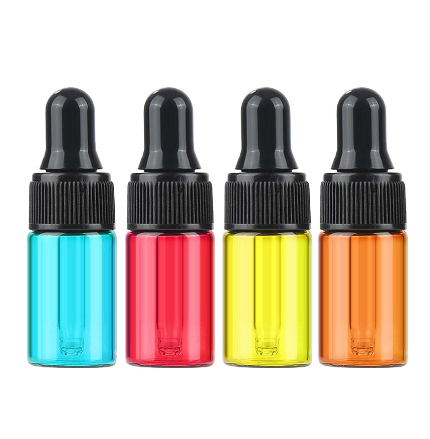 Custom logo colorful glass bottle with black dropper 1ml 2ml 3ml5ml cosmetic package container green blue pink purple amber