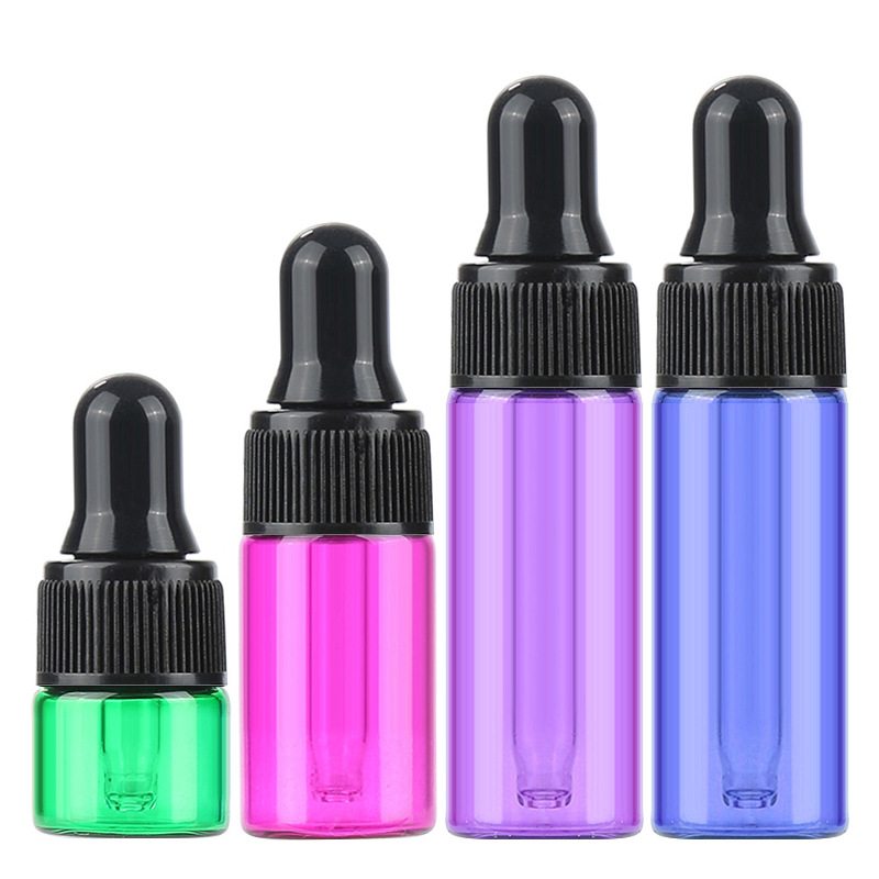 Custom logo colorful glass bottle with black dropper 1ml 2ml 3ml5ml cosmetic package container green blue pink purple amber