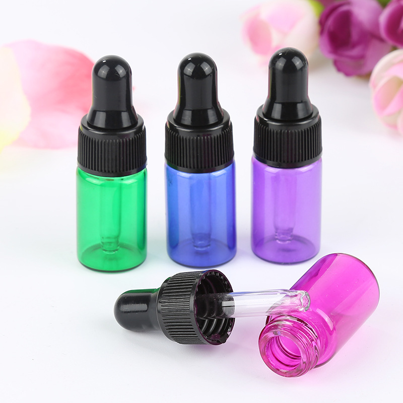 Custom logo colorful glass bottle with black dropper 1ml 2ml 3ml5ml cosmetic package container green blue pink purple amber
