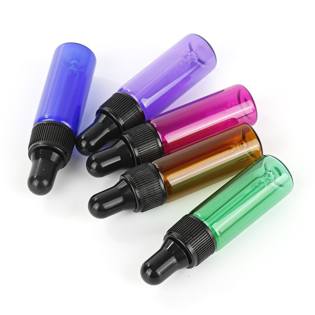 Custom logo colorful glass bottle with black dropper 1ml 2ml 3ml5ml cosmetic package container green blue pink purple amber